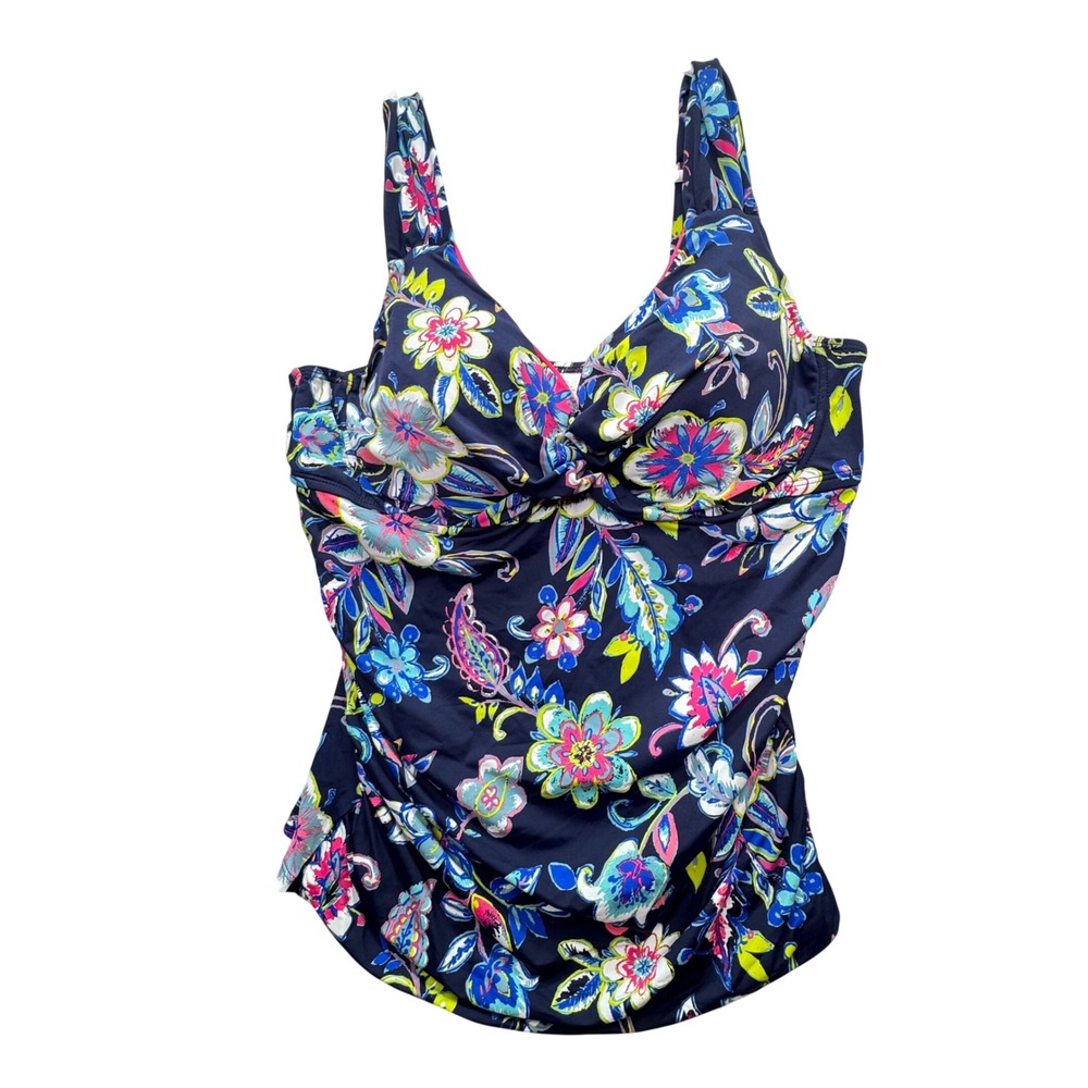 Anne Cole Tankini Top Women 16W Navy Floral Ruched Twist Front Tropical Boho